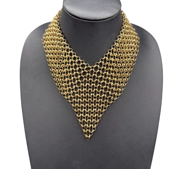 Vintage Mesh Draped Chainmail Statement Layered Bib Necklace Gold Tone - Picture 1 of 5